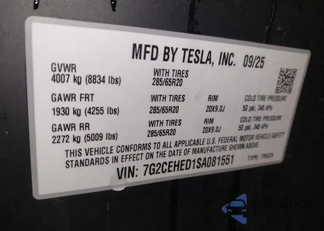 2025 Tesla Cybertruck All-Wheel Drive z USA, uszkodzony, nr VIN 7G2CEHED1SA081551